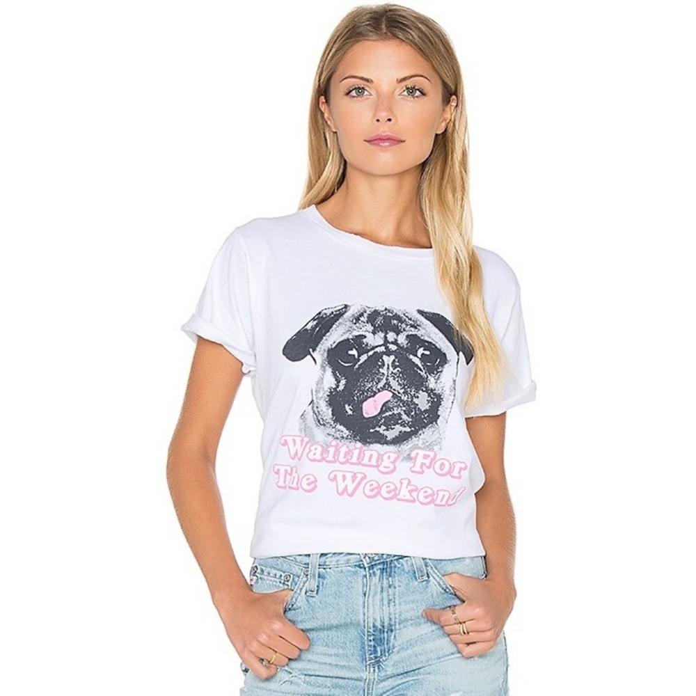 Wildfox Couture Woof Weekend Top Clean White Pug Dog Graphic Short Sleeve XS